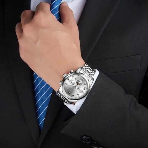 TEVIS Reloj multifuncional de moda para hombre Reloj mecánico automático impermeable Reloj de pulsera de acero inoxidable