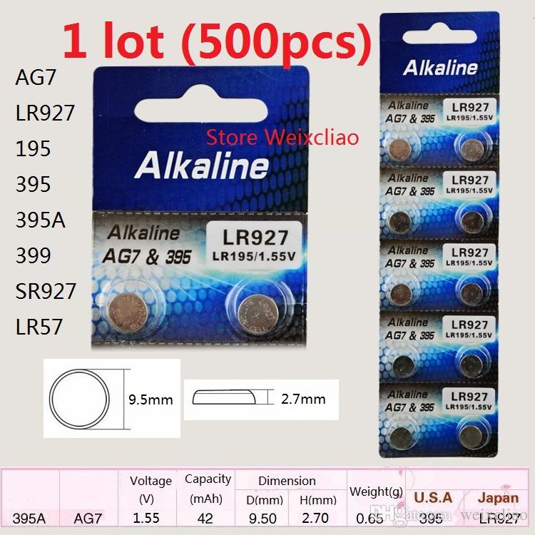 500pcs 1 lot AG7 LR927 195 395 395A 399 SR927 LR57 1.55V alkaline button cell battery coin batteries Free Shipping