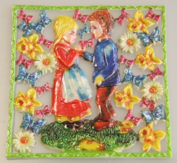 Wachsornament-Platte Kinderpaar, 10 x 10 cm