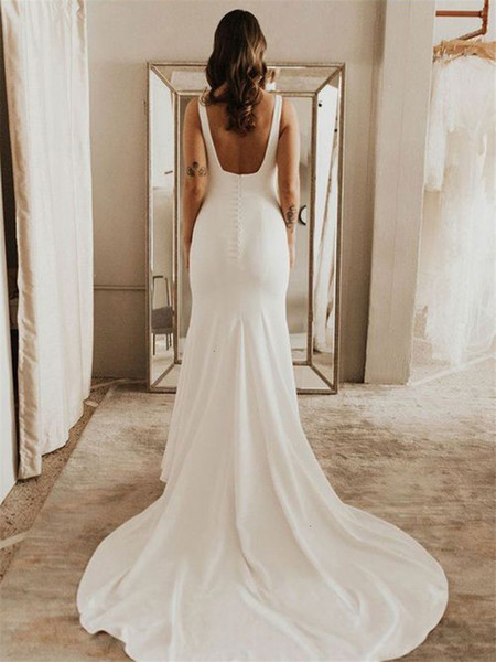 Spaghetti New 2021 Strap Boho Wedding Mermaid Soft Stain Long Train Bride Gowns Backless Sleeveless Simple Vestidos De Noiva 3VAM