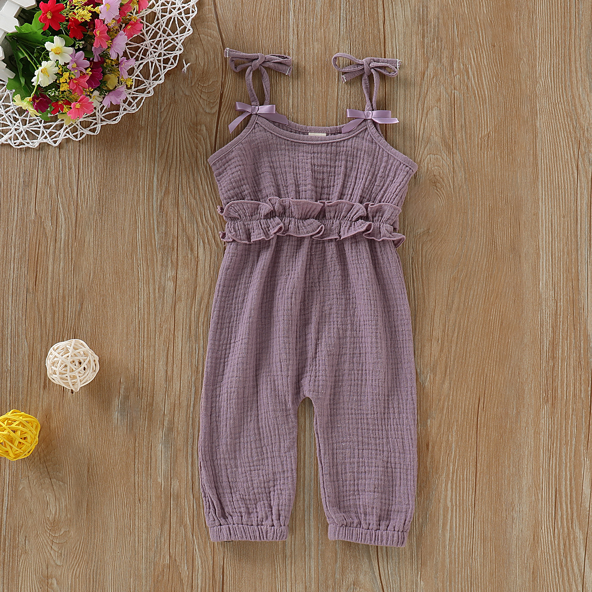 Baby Girl's Solid Ruffled Strap Jumpsuit