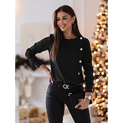 Women's Blouse Plain Raglan Sleeves Black White Wine Button Long Sleeve Work Elegant Round Neck Form Fit Fall  Winter Lightinthebox