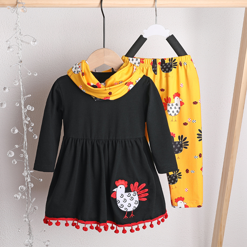 3-piece Baby Thanksgiving Chick Pompon Tasseled Decor Dress Top and Pants with Scarf Set