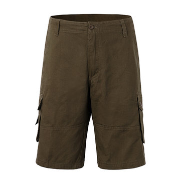 Mens Plus Size Cotton Solid Color Big Pockets Knee Length Cargo Shorts Casual Beach Shorts