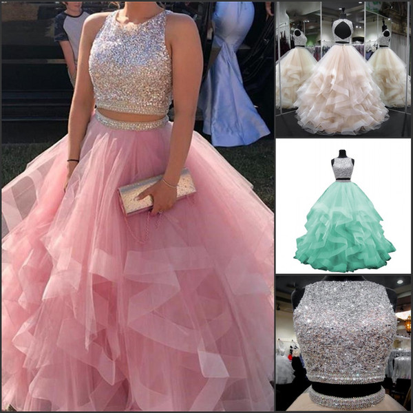Two Piece Ball Gown Quinceanera Prom Dresses Crystal Beaded Luxury Tiered Puffy Tulle Sweet 16 Dresses Formal vestidos de 15 anos Party Gown