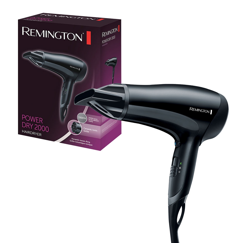 Remington D3010 PowerDry Hairdryer Hair Dryer 2000W with Concentrator Nozzle - 2 Speed 3 Heat