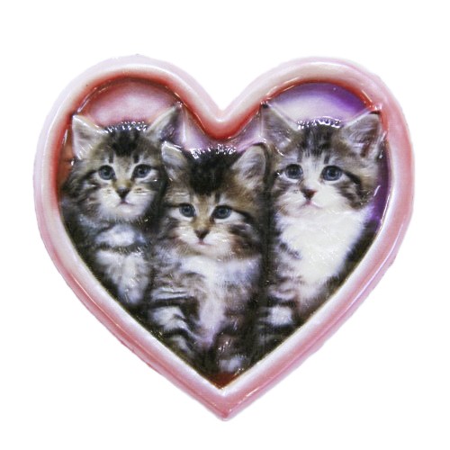 Wachsornament, 3 Katzen im Herz, farbig, geprägt, 7x7cm