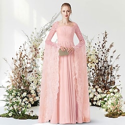 A-Line Empire Elegant Engagement Formal Evening Birthday Dress Jewel Neck Long Sleeve Floor Length Chiffon with Pleats 2022 Lightinthebox