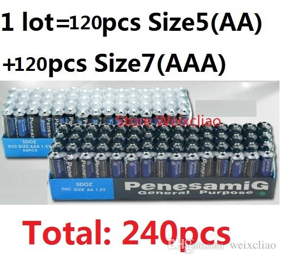 240pcs 1 lot Size 5 AA R6 UM-3 120pcs plus Size 7 AAA R03 UM-4 120pcs 1.5V Dry Carbon Battery 1.5 Volt Batteries Free Shipping