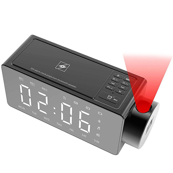 projection alarm clock bluetooth speaker with wireless charging diy ringtone,one-click snooze,bluetooth call speaker,fm radio