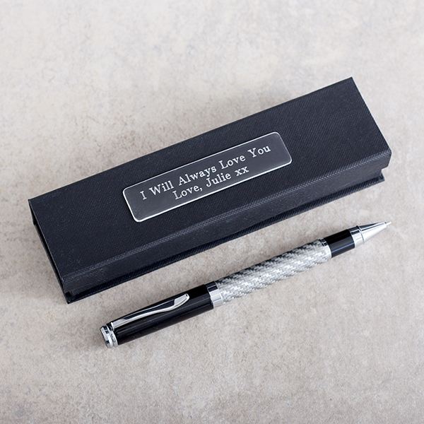 Silver and Black Carbon Fibre Finish Pen in Personalised Box