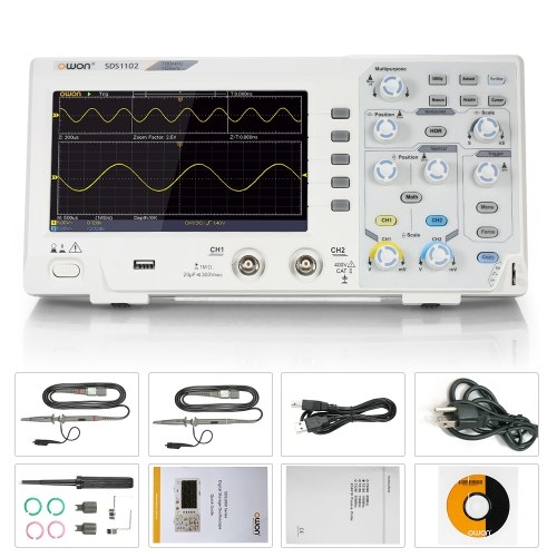 Owon SDS1102 Osciloscopio Oscilómetro Osciloscopio de almacenamiento digital 2CH 100MHz 1GS / s 7 "Pantalla LCD