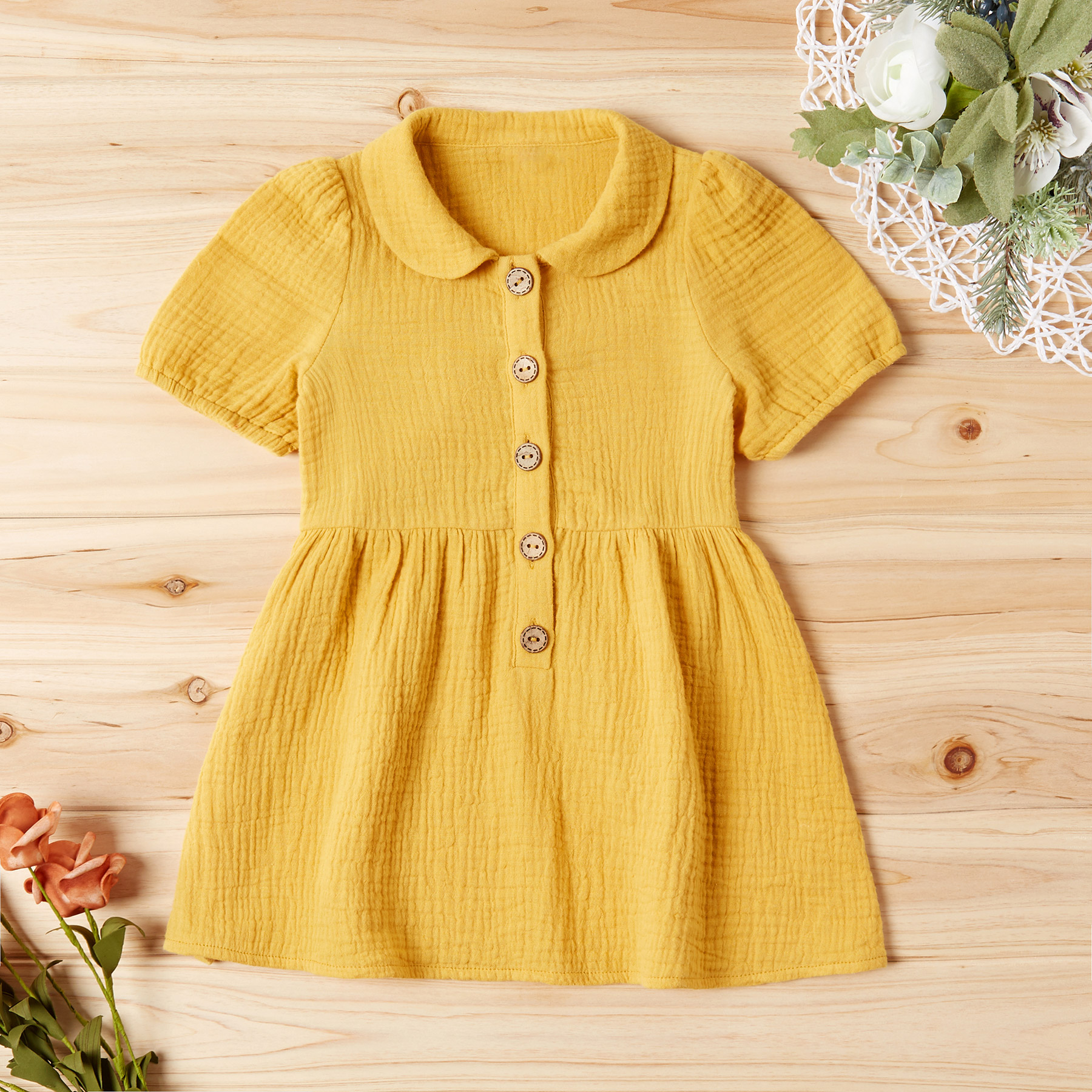 Baby Girl Solid Cardigan Polo Collar Short-sleeve Dress