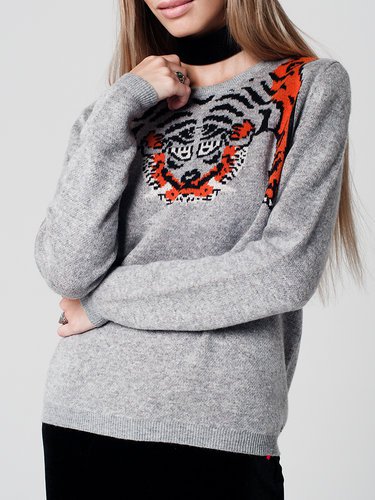 Gray Knitted Crew Neck Long Sleeve Sweater With Tiger Design