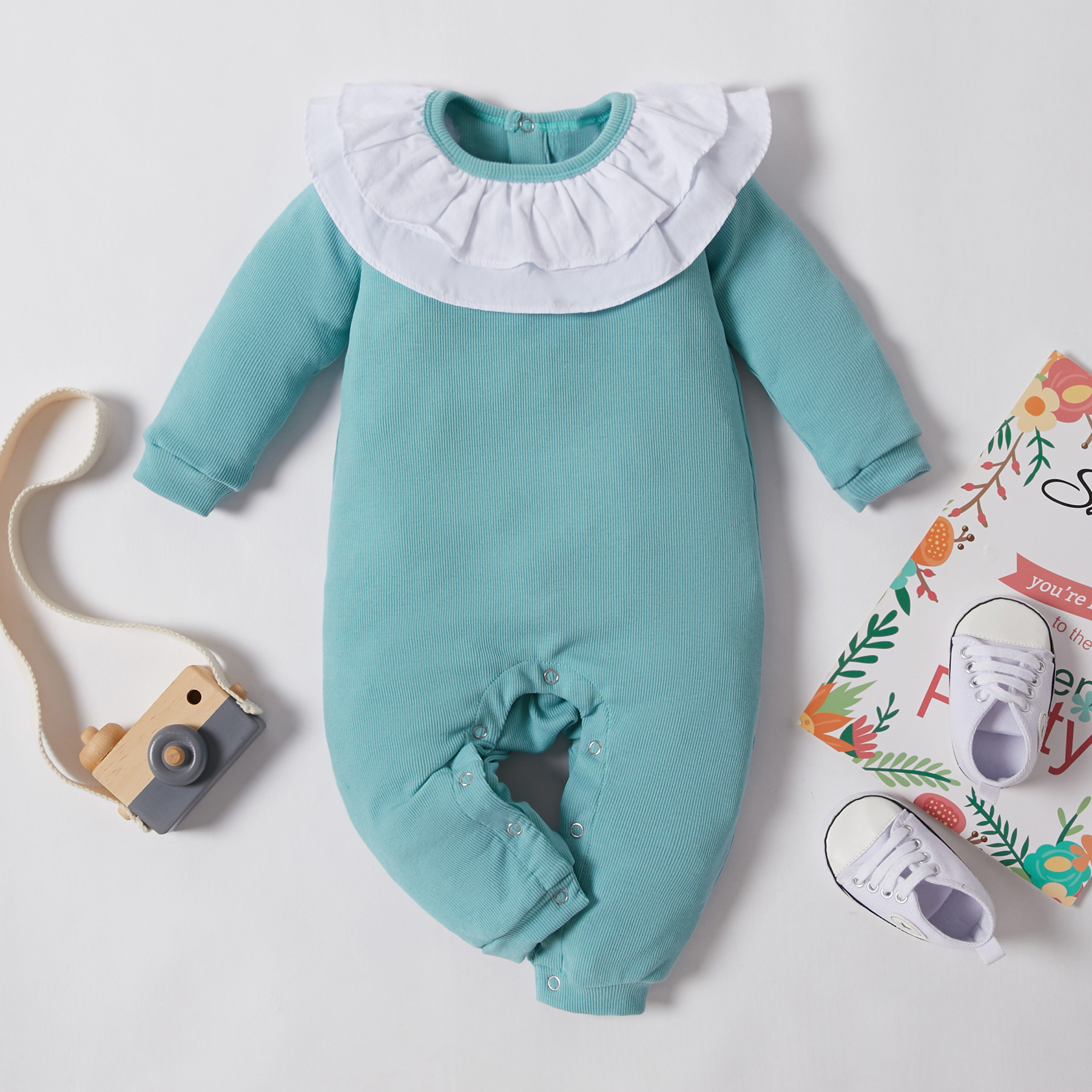 Baby Girl Doll Collar Solid Long-sleeve Jumpsuit