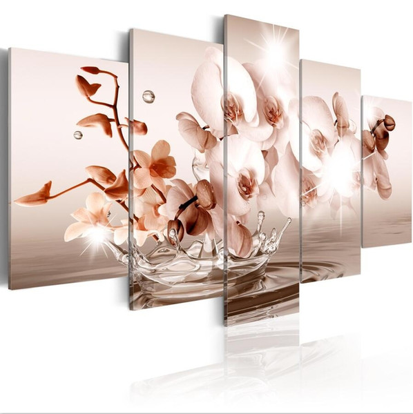 ( no frame)5pcs/set modern abstract rippling flowers orchid art print frameless canvas painting wall picture home decoration