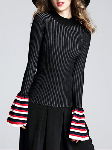 Black Paneled Bell Sleeve Stripes Sweater