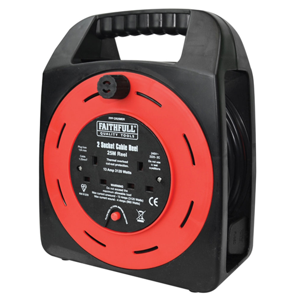 Faithfull 25m 2 Socket Easy Reel Cable - 13amp, 240 Volt