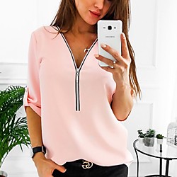 Women's Plus Size Blouse Shirt Solid Colored Quarter Zip V Neck Tops Basic Top White Red Blushing Pink