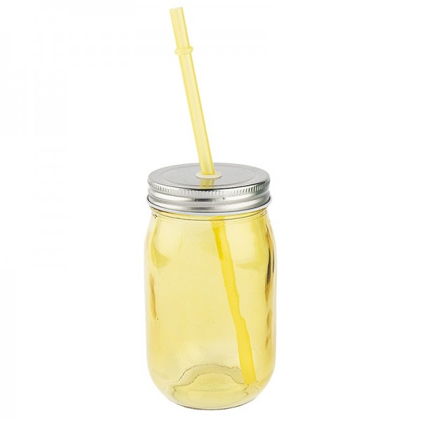 Trinkglas mit Deckel und Trinkhalm, 7,5cm x13cm x7,5cm, gelb
