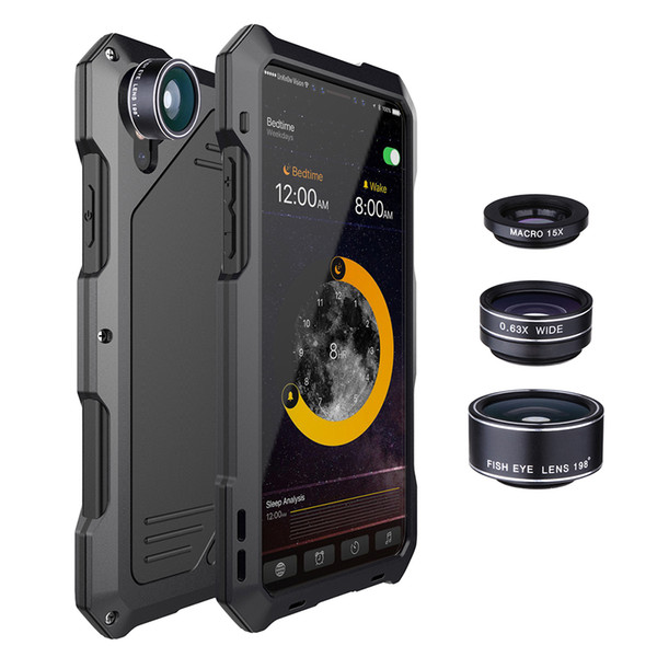 phone case lens for iphone xs metal frame protective case with 3 separate external camera lens 120° wide-angle fisheye macro phone lens