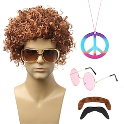 Disco Wig 5Pcs Set (Wig Glasses Necklace Mustache) 70'S Costumes Wig Afro Wig Men Short Curly Natural Fluffy Synthetic hair Wig for Halloween Disco Party Lightinthebox
