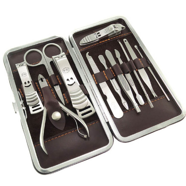 Wholesale-Leather Case+1 set 12pcs Nail Clipper Kit Nail Care Set Pedicure Scissor Tweezer Knife Ear pick Utility Manicure Set Tool