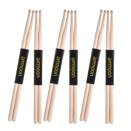 ammoon 6 Pairs of 5A Wooden Drumsticks Drum Sticks Maple Wood Drum Set Accessories