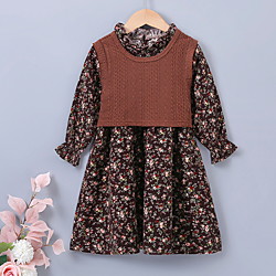 Ensemble de Vêtements Fille Enfants 2 Pièces Manches Longues Noir Marron Floral Ruché Imprimer Coton Intérieur Extérieur Le style mignon Doux Normal Mi-long 2-6 ans miniinthebox