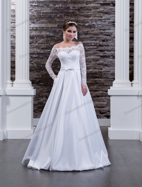 Pure White Satin/Lace Off Shoulder Sleeves A-Line Wedding Dresses Bridal Pageant Dresses Wedding Attire Dresses Custom Size 2-16 ZW608089