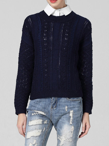 Navy Blue Pierced Long Sleeve Knitted Plain Sweater