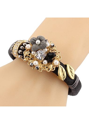 Faux Pearl and Flower Shape Decorated Black Bracelet