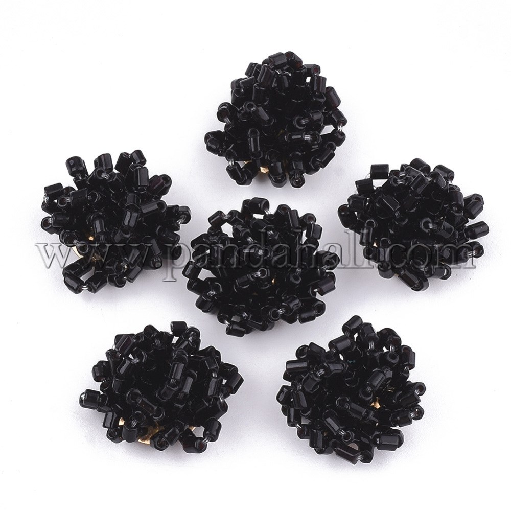 Glass Seed Beads Cabochons, with Iron Sieve Findings, Light Gold, Black, 18~21x12~14mm