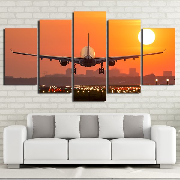 Canvas Printing 5 Pieces Abstract Airplane Sunset Painting Kitchen Decor Restaurant Wall Art(No Frame)