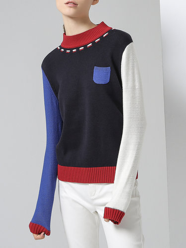 Dark Blue H-line Color-block Cotton-blend Casual Sweater