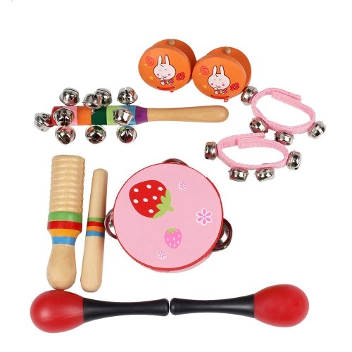 10 pcs / ensemble Musical Toys Instruments de Percussion Band Rhythm Kit Incluant Tambourin Maracas Castagnettes Handbells En Bois Guiro pour Enfants Enfants En Bas Âge