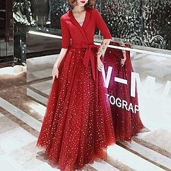 A-Line Glittering Elegant Prom Formal Evening Dress V Neck Half Sleeve Floor Length Tulle with Bow(s) Sequin 2022 Lightinthebox
