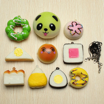 10Pcs Kawaii Squishy Soft Toy Sushi Panda Bread Cake Buns Phone Straps