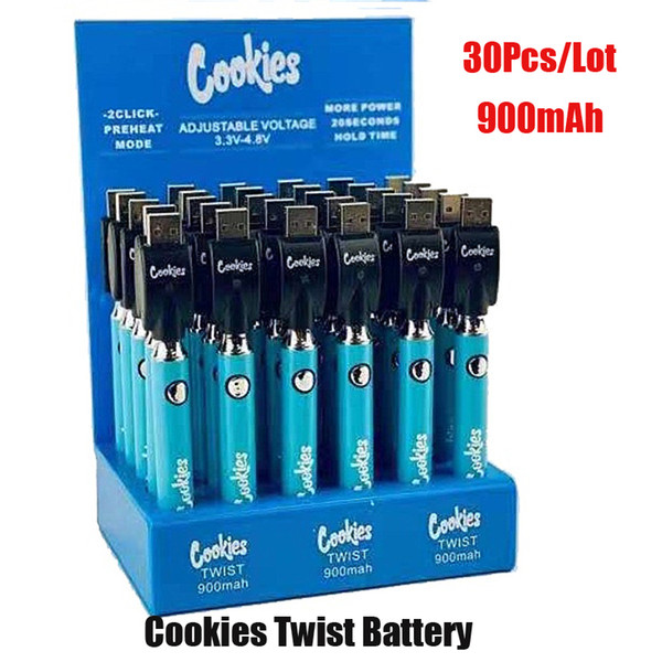 30pcs/Lot Cookies Twist VV Battery 900mAh Bottom Spinner Battery Box with USB Charger for 510 Tanks Slim Vape Carts