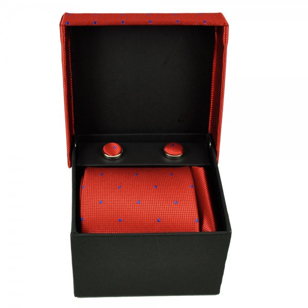 Red & Royal Blue Polka Dot Men's Tie, Hanky & Cufflinks Set