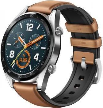 Huawei Watch GT Classic - 46.5 mm - Edelstahl - intelligente Uhr mit Riemen - Leder/Silikon - Sattelbraun - Bandgröße 140-210 mm - Anzeige 3.53 cm (1.39