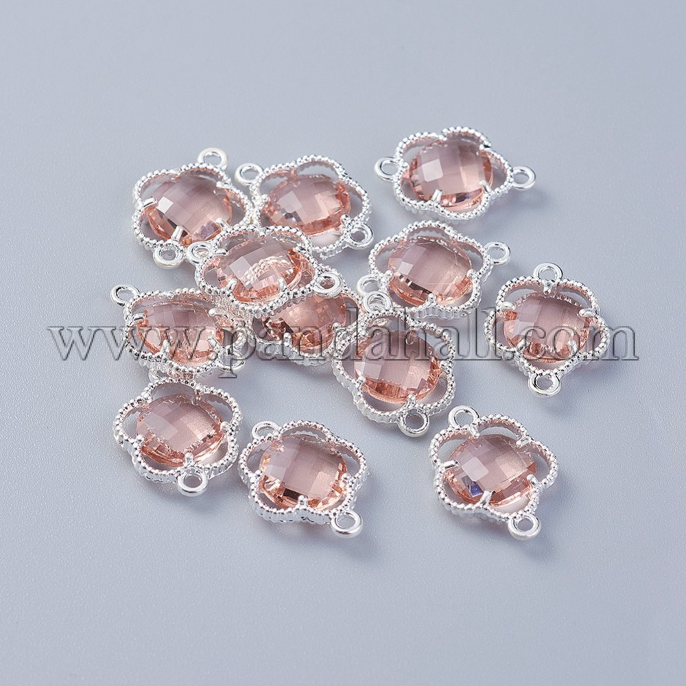 Glass Links/Connectors, with Environmental Alloy Open Back Berzel Findings, Faceted, Flower, Silver, MistyRose, 15.5x12x3mm, Hole: 1.4mm