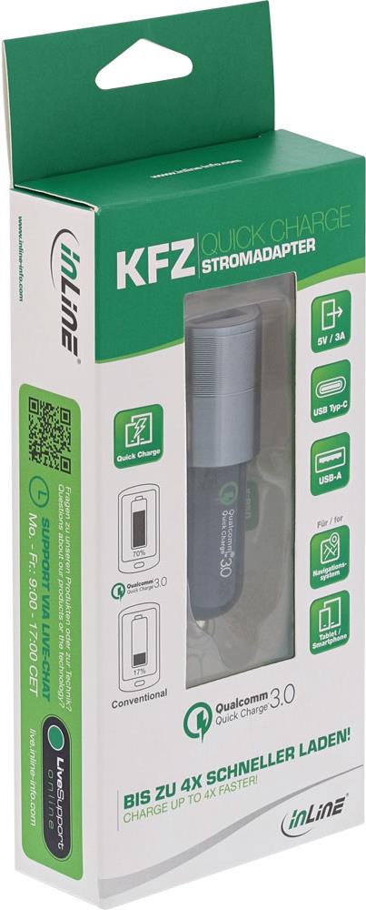 INLINE - Auto-Netzteil - 3 A - Quick Charge 3.0 - 2 Ausgabeanschlussstellen (USB, USB-C) - Schwarz