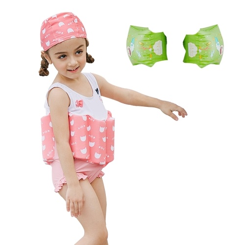 Girl One-Piece Float Swimsuit+Cap+Arm Ring Stylish Cute Swimwear With Removable Buoyancy Perfect for Kid Learn to Swim Rose 90cm