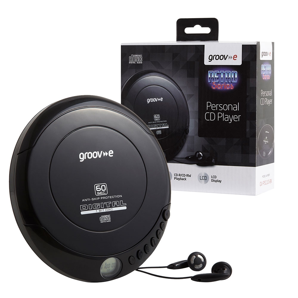 Groov-e Retro Series Personal Portable CD Player with Earphones - Model GVPS110/BK