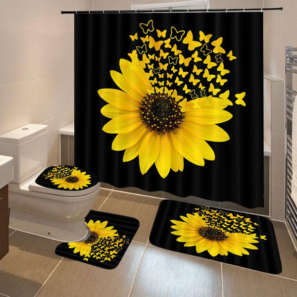 Sunflower Butterfly Print Shower Curtain Waterproof Bathroom Curtain Toilet Cover Mat Non-Slip Rug Set Bathtub Decor