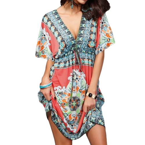 Retro Women Bohemian Dress Paisley Print V-Neck Short Sleeve Beach Wear Summer Dress