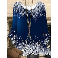 Women's Shirt Blouse Blue Snowflake Print Long Sleeve Christmas Daily Casual Holiday Festival Crew Neck Regular Plus Size XL Lightinthebox