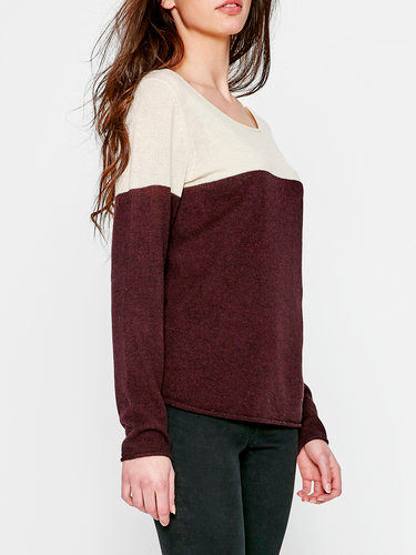 Burgundy Color-block H-line Crew Neck Long Sleeve Sweater