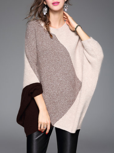 Batwing Color Block Knitted Asymmetrical Casual Sweater
